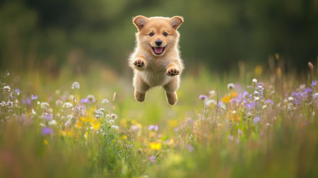 A joyful puppy leaps through a vibrant field of wildflowers, capturing the essence of playfulness and freedom in nature's beauty. Perfect for pet lovers!の素材