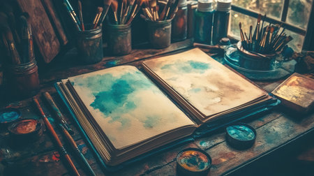 A serene art studio scene showcasing an open sketchbook surrounded by paints and brushes, radiating creativity and inspiration in a warm environment.の素材