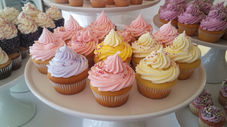 A beautiful display of colorful cupcakes topped with creamy frosting in pastel shades. Perfect for celebrations, parties, or dessert tables.の素材