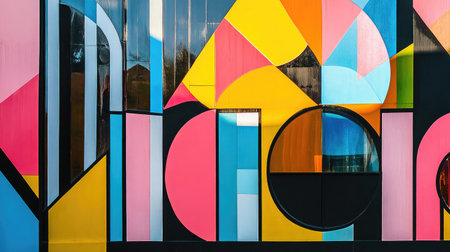 This vibrant abstract wall art features a dynamic composition of geometric shapes and colors, creating an eye-catching urban aesthetic perfect for modern design.の素材