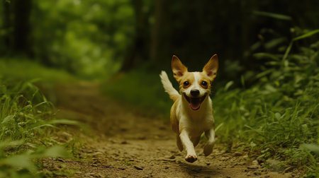 A joyful dog runs happily along a forest path, surrounded by lush greenery. This vibrant scene captures the essence of playfulness and freedom in nature.の素材