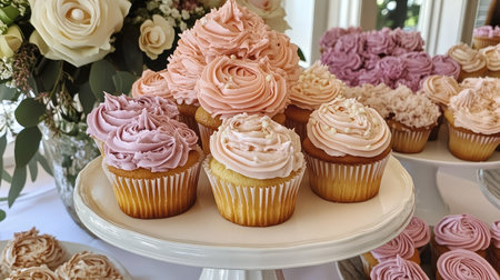 A beautifully arranged platter of cupcakes topped with swirls of pink and purple frosting, perfect for any celebration or event. Ideal for sweet moments.の素材