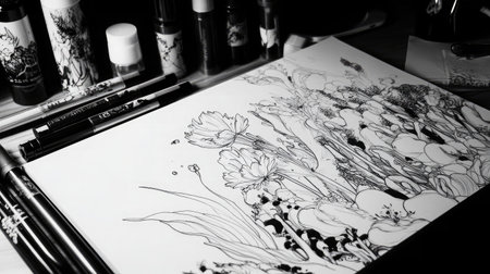 A captivating black-and-white ink drawing of flowers and plants showcases artistic creativity. Surrounded by various art supplies, the scene is inspiring.の素材