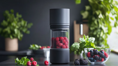 A sleek black blender sits on a kitchen countertop surrounded by fresh raspberries and mint, highlighting a modern, healthy lifestyle and culinary creativity.の素材