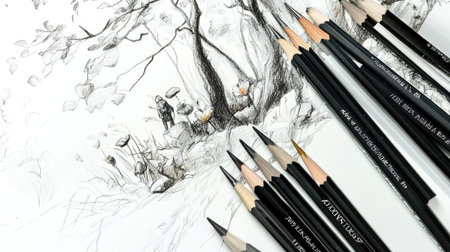 A detailed nature illustration featuring a tree and flowers sketched on paper, accompanied by an array of drawing pencils, showcasing artistic creativity.の素材