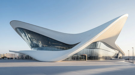 A stunning modern architectural building showcasing unique curves and lines. The structure represents innovative design in harmony with the urban landscape.の素材