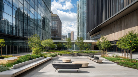 A modern urban courtyard featuring sleek seating arrangements surrounded by greenery, designed for relaxation and social interaction in a city landscape.の素材