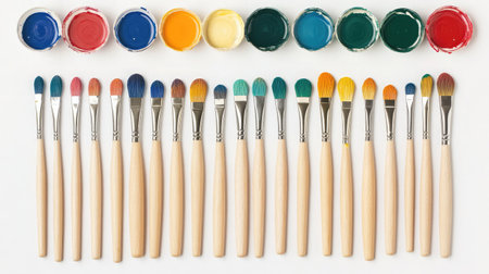 A collection of artist brushes and colorful paints arranged neatly. Perfect for illustrating creativity, art projects, and artistic tools. Ideal for any artist or craft project.の素材