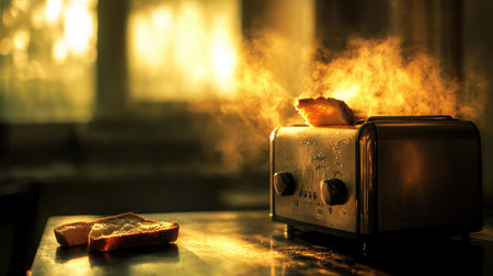A slice of golden bread pops out of a stylish toaster, releasing steam in a cozy kitchen setting. The warm ambiance creates a perfect breakfast scene.の素材