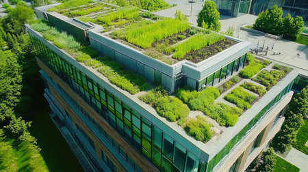 A modern building featuring a green roof brimming with diverse plants and landscaping, showcasing sustainable architecture in an urban environment.の素材