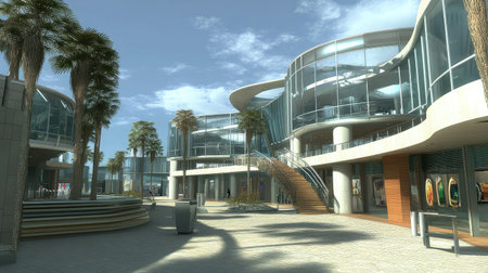 A stunning modern shopping mall featuring sleek glass architecture and palm trees. The spacious outdoor area is perfect for leisurely strolls, inviting visitors to explore shops and enjoy the vibrant urban landscape.の素材