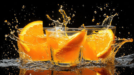 A lively image of fresh orange juice splashing from glasses, showcasing vibrant colors and dynamic movement, perfect for summer-themed promotions.の素材