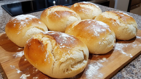 A beautiful arrangement of freshly baked bread loaves on a wooden cutting board. The warm crust and golden color invite you to enjoy this homemade delight.の素材