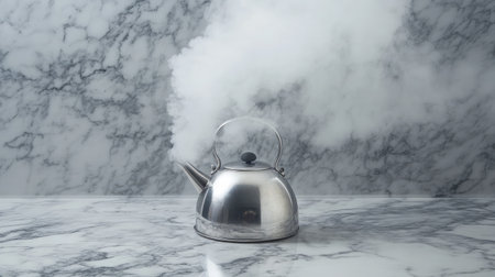 A silver kettle emits steam on a dramatic marble surface, creating a minimalist and modern kitchen scene. The interplay of metal and marble highlights elegance and warmth.の素材