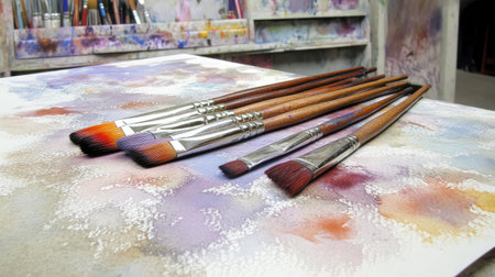 A collection of paintbrushes resting on an artistic canvas showcasing vibrant colors. This image captures the essence of creativity and artistic expression.の素材