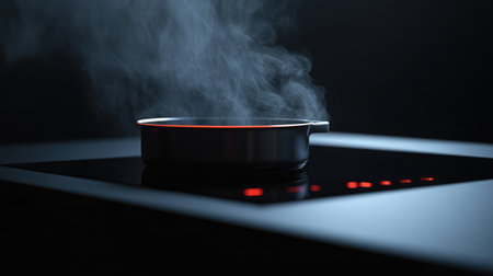 A sleek cooking pot filled with steam sits on a modern induction stove, showcasing the essence of culinary creativity and contemporary kitchen technology.の素材