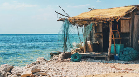 A tranquil beachside shack by the crystal-clear water, complemented by fishing nets and a serene atmosphere. Perfect for conveying relaxation and summer bliss.の素材