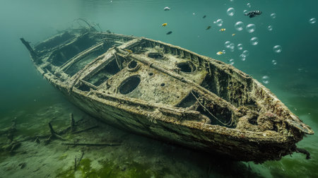 A mesmerizing view of a sunken shipwreck resting on the ocean floor, surrounded by colorful fish and bubbles, showcasing the beauty of underwater exploration.の素材