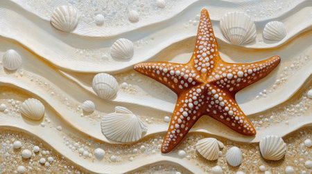 A vibrant starfish rests on fine sand beside various seashells, creating a beautiful coastal scene that embodies tranquility and marine life.の素材