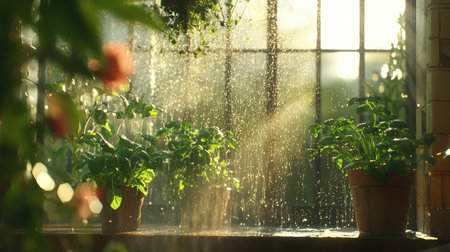 A serene indoor garden scene featuring sunlit plants being watered. The soft sunlight and gentle droplets enhance the tranquil atmosphere, perfect for garden lovers.の素材
