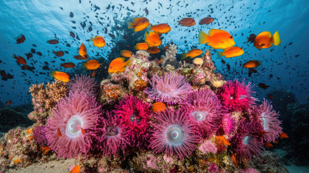 Experience a stunning underwater scene showcasing a vibrant coral reef adorned with colorful fish. The dynamic marine landscape captures the beauty of ocean life.の素材