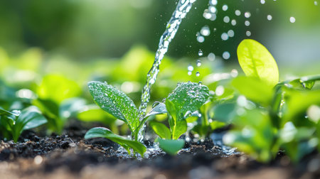 A close-up view of fresh green plants being watered in sunlight, showcasing the beauty of nature and the vital process of growth and hydration.の素材