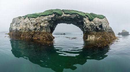 A stunning rocky arch emerges from the misty waters, covered with lush green algae. Ideal for showcasing natural beauty and marine landscapes.の素材
