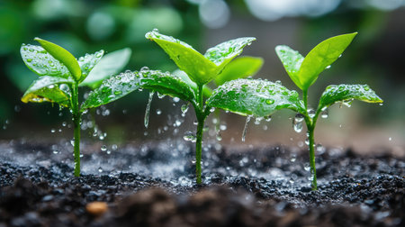 This image showcases fresh green plants sprouting from rich soil, adorned with dewdrops. It captures the essence of growth, vitality, and the beauty of nature.の素材