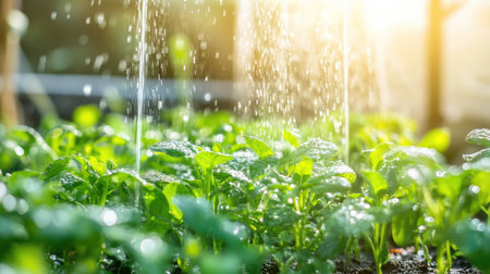 A vibrant garden scene showcasing fresh green plants being watered under sunlight. The droplets glisten on leaves, symbolizing growth and nourishment.の素材