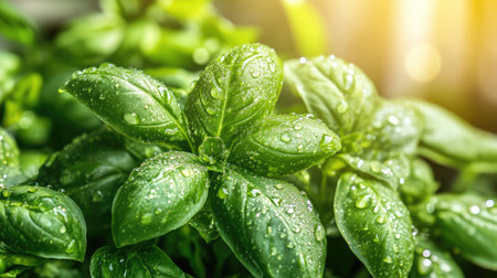 Close-up shot of fresh green basil leaves adorned with water droplets, capturing the essence of nature's vibrant beauty and freshness in culinary experiences.の素材
