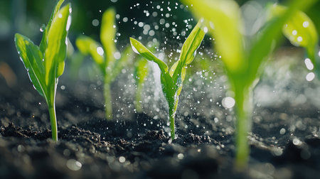 Close-up view of fresh sprouts emerging from moist soil, glistening with water droplets. This image captures the beauty of new life and growth in nature.の素材