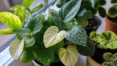 A close-up shot of vibrant green leaves with glistening water droplets, showcasing the beauty of indoor plants and their fresh appearance after watering.の素材
