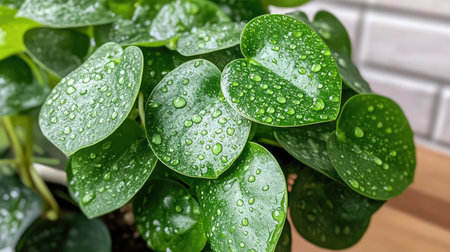 Close-up view of vibrant green leaves glistening with droplets of water, showcasing their natural beauty and freshness in an indoor setting. Perfect for nature-themed content.の素材