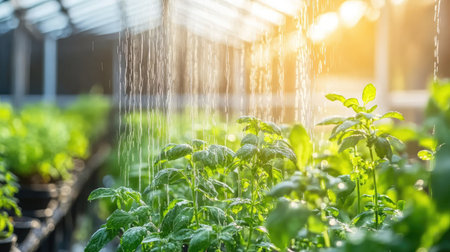 A serene view of fresh plants being watered in a greenhouse during sunset. The droplets glisten as sunlight filters through, showcasing healthy growth and nurturing care.の素材