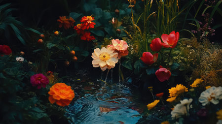 Experience the serene beauty of a vibrant garden featuring colorful flowers by a gentle stream. This lush setting offers tranquility and natural charm.の素材