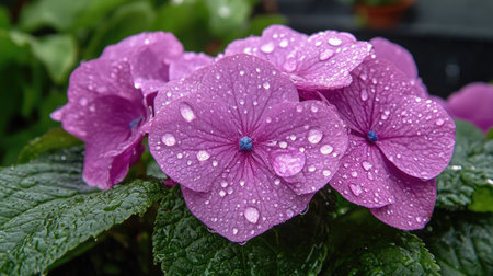 Beautiful close-up of vibrant purple flowers with raindrops resting on their petals. Perfect for nature-themed projects or floral designs.の素材