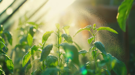 Lush green plants basking in sunlight, enhanced by a gentle mist of water droplets. This serene scene captures the essence of natureの素材