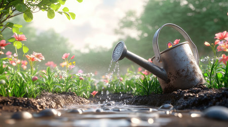 A tranquil scene of a watering can spilling water onto a vibrant flower garden, capturing the beauty of nature and the nurturing spirit of gardening.の素材