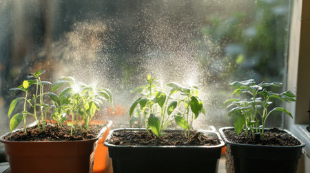 Bright green seedlings thrive in pots under natural sunlight, showcasing the beauty of indoor gardening and the nurturing process of plant growth.の素材