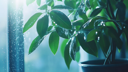 A close-up of fresh green leaves glistening with rain droplets, set against a soft-focus window. This tranquil scene captures the beauty of nature indoors.の素材