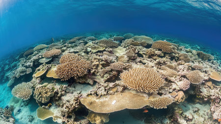 Explore the stunning beauty of a vibrant coral reef teeming with marine life. This underwater scene captures the intricate textures and colors of healthy corals in clear water.の素材