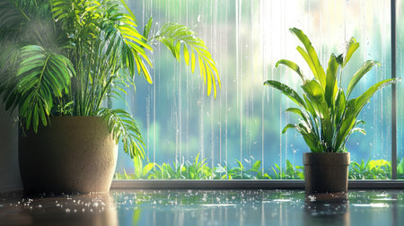 Bright indoor scene featuring vibrant green plants beside a rain-soaked window. The setting evokes tranquility and freshness in a cozy living space.の素材