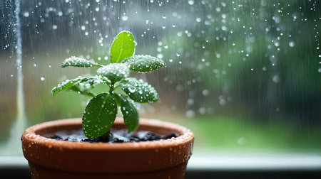 A vibrant young plant sits in a pot, adorned with raindrops, as sunlight filters through a window, creating a serene indoor atmosphere.の素材