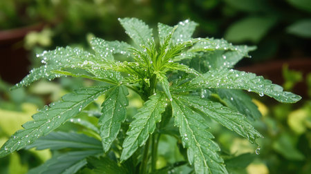 A close-up view of a fresh green plant adorned with sparkling water droplets. This vibrant image showcases the natural beauty and intricate details of healthy foliage.の素材