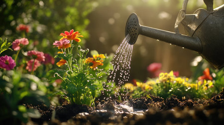 A serene garden scene showcasing vibrant flowers being watered with a can in sunlight. The lush colors and nurturing atmosphere create a tranquil moment.の素材