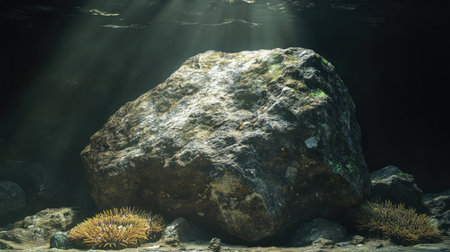 A stunning underwater scene featuring a large rock illuminated by sunlight, creating an enchanting atmosphere in the ocean. Perfect for nature themes.の素材