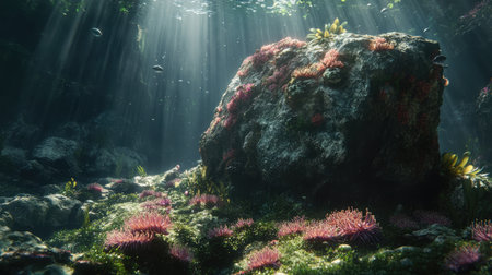 A serene underwater landscape featuring vibrant coral and a rocky formation, illuminated by beams of sunlight. Perfect for nature and marine themes.の素材