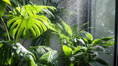 A vibrant collection of lush green plants glistening with water spray in soft sunlight, creating a refreshing and tranquil indoor atmosphere.の素材