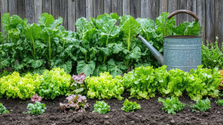 A vibrant garden scene featuring healthy leafy greens and a vintage watering can. Perfect for illustrating cultivation, gardening, and sustainable agriculture themes.の素材