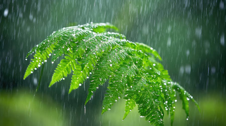 A vibrant fern leaf glistens with raindrops, capturing the essence of nature's beauty. This closeup emphasizes the lush greenery and peaceful atmosphere.の素材